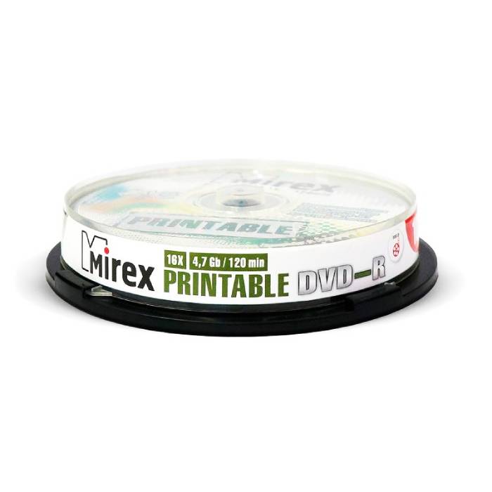 Диск DVD-R Mirex 4.7Gb 16x Ink Printable Cake Box 10шт (UL130089A1T)