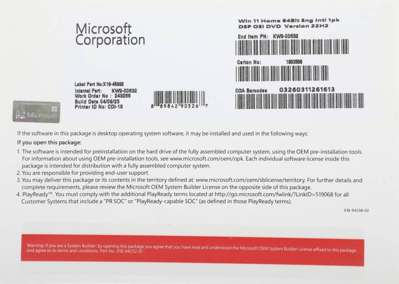 Программное обеспечение: Microsoft Windows 11 Home 64Bit Eng Intl 1pk DSP OEI DVD (KW9-00632)
