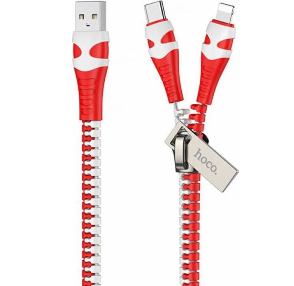 Кабель USB 2.0 to Type-C/Lightning 3.0A, 1.2м, HOCO U97, красный-белый