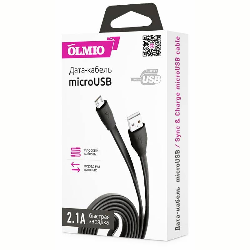 Кабель USB 2.0 to MicroUSB 1м, черный, плоский, Olmio
