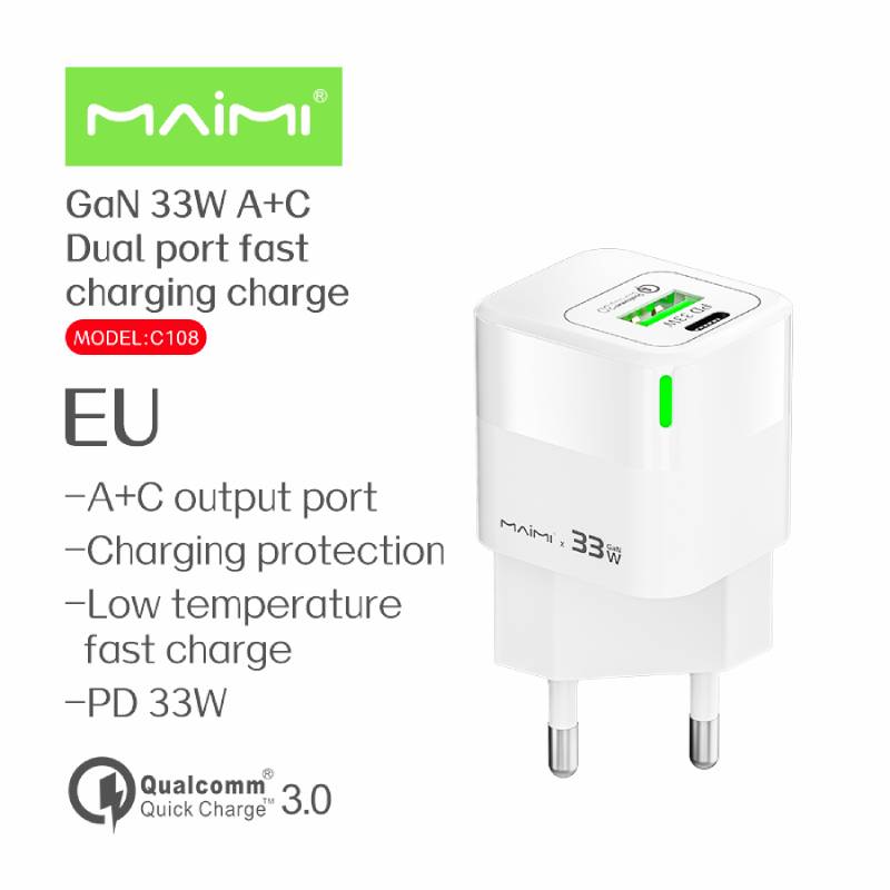 Зарядное устройство Maimi C108 GaN, 1Type-C, 1USB, 3А, PD+QC3.0, 33Вт
