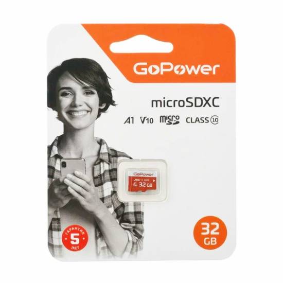 Карта памяти microSDXC 32Gb GoPower Class10 UHS-I (U3) V10 без адаптера