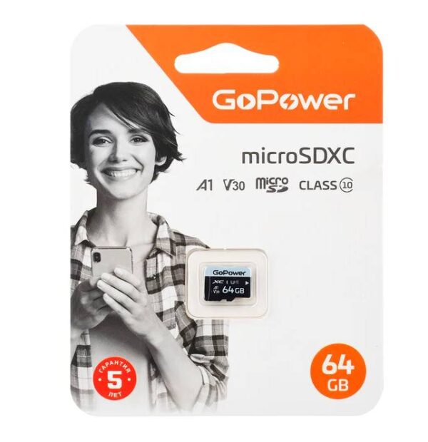 Карта памяти microSDXC 64Gb GoPower Class10 V30 без адаптера